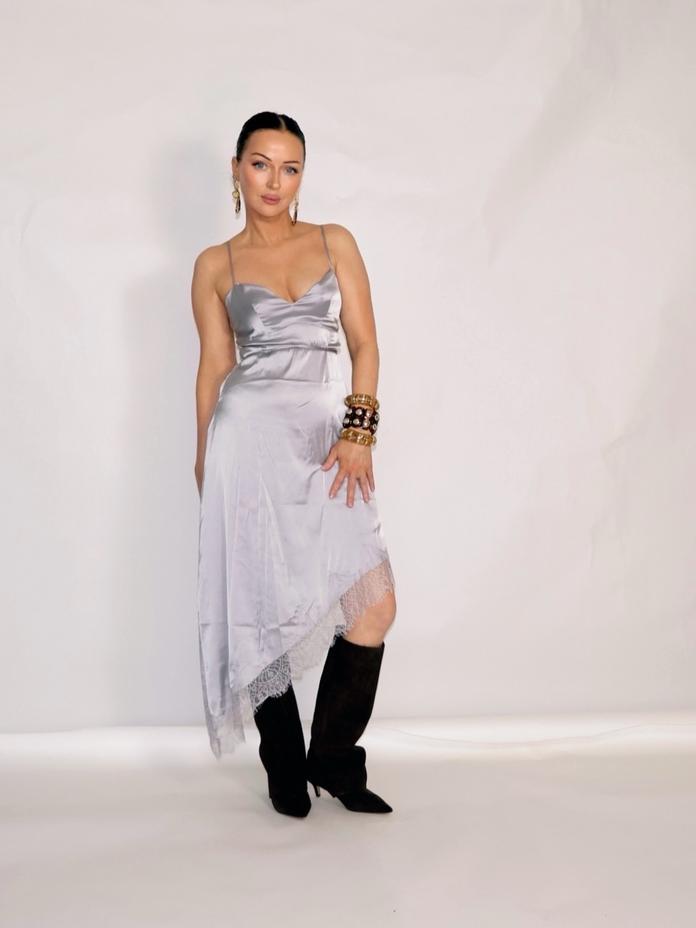 The Artemis: Silver Satin Slip Dress with Lace Trim
